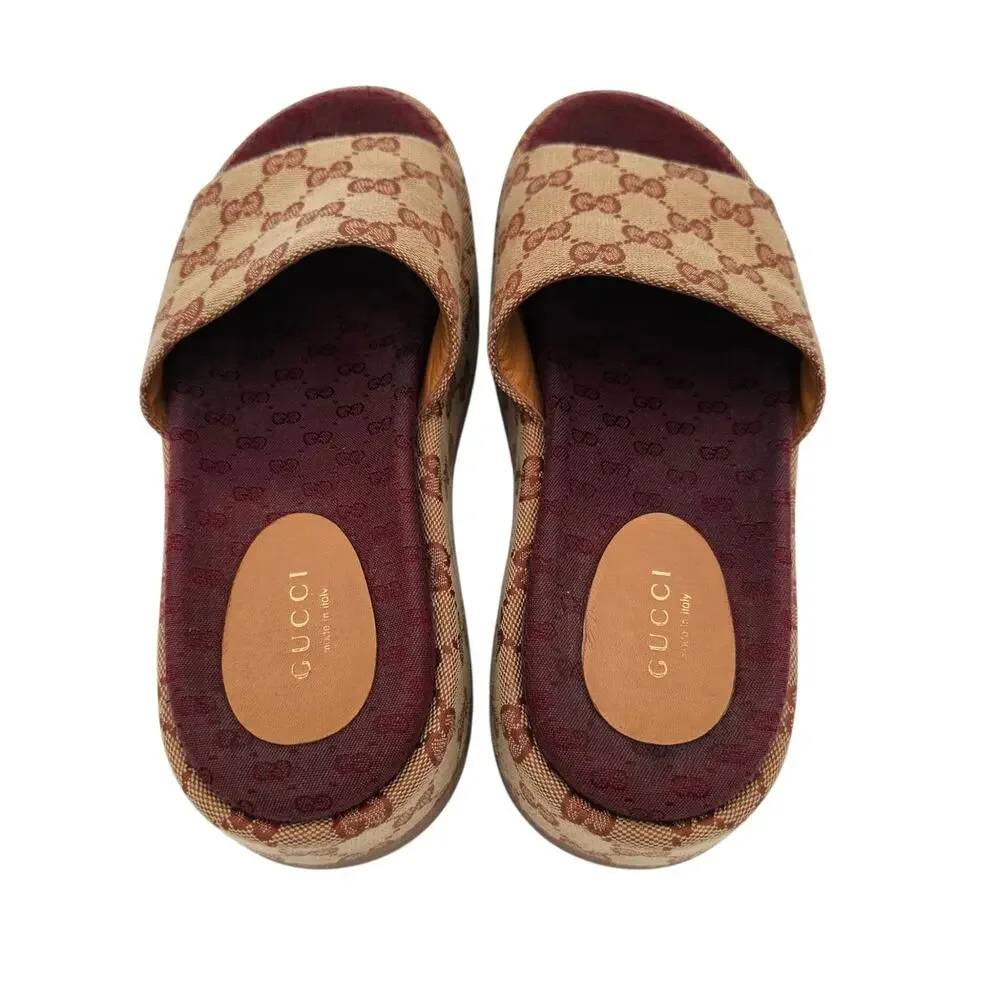Gucci GG Monogram Angelina Platform Chunky Slide Sandal Size 37 US 7 Brown Beige